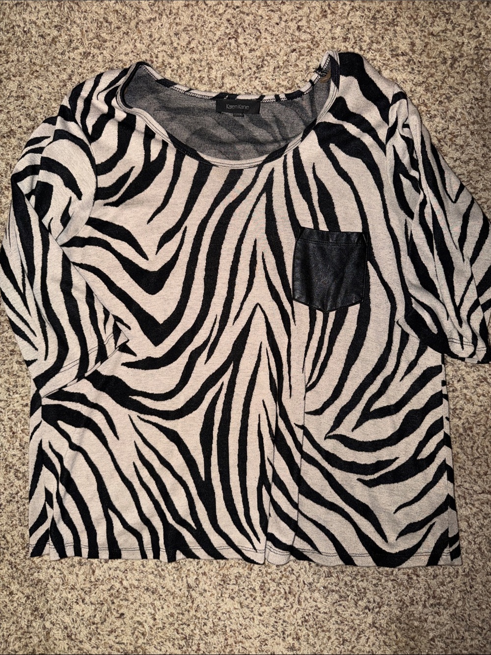 Karen Kane xl Zebra Print Scoop Neck Top with Faux Leather Pocket
